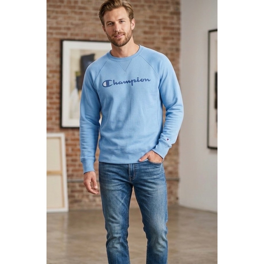 Champion Mens Light Blue Raglan Sleeve Fleece Crewneck Sweatshirt XL AW966E